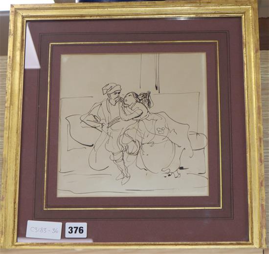 Achille Deveria (1800-1857) pen and ink, Le Cosaque, LeFevre Gallery label verso, 22 x 22cm